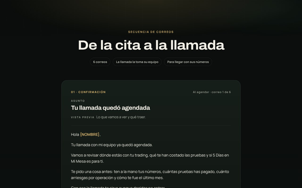 Vista previa de los correos antes de la llamada